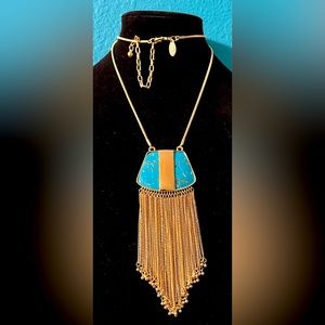 CHICOS Turquoise and Gold Tone Snake Chain Fringe Tassel Necklace